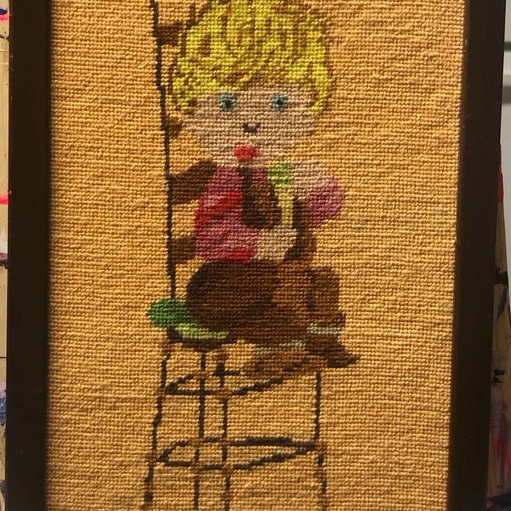 VINTAGE HANDMADE NEEDLEPOINT BLONDE BOY SITTING IN CHAIR